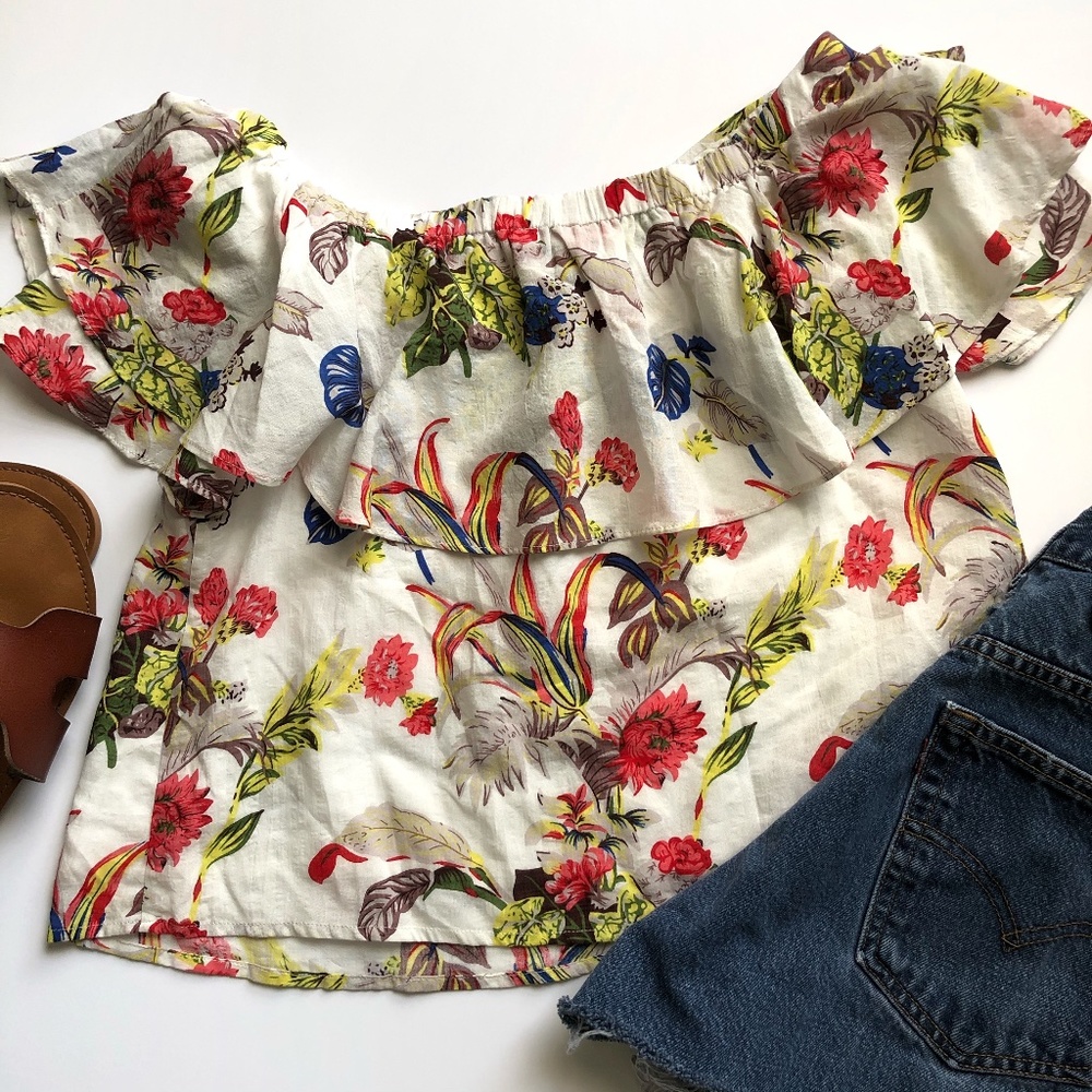 Skies Are Blue Off Shoulder White Floral Crop Top